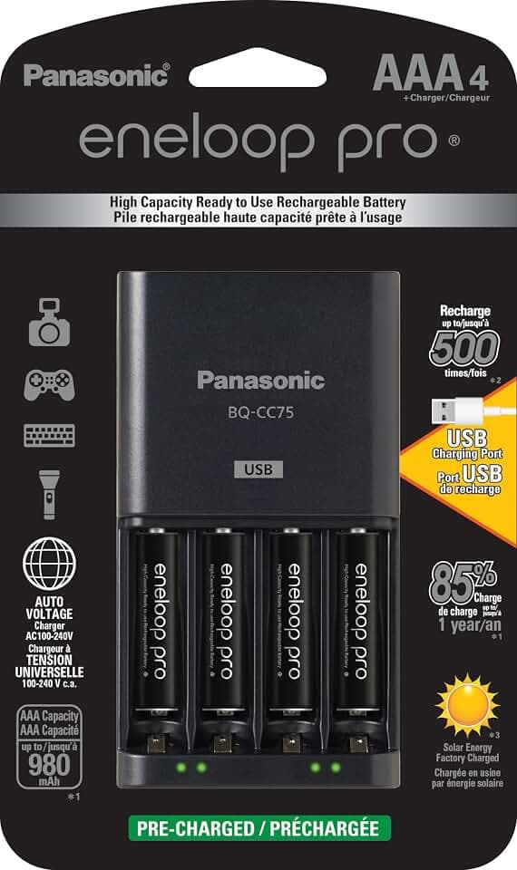 Panasonic K-KJ75K3A4BA Advanced Battery Charger with USB Charging Port and 4AAA eneloop pro High Capacity Rechargeable Batteries