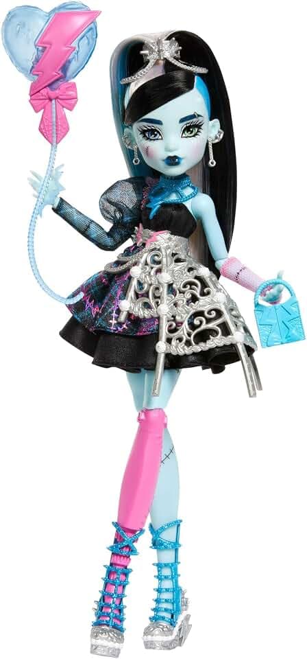 Monster High Scary Sweet Birthday Frankie Stein Puppe | Frankenmonster in Partykleid mit Zubehör: Einladung, Ballon, Geschenk, Lippenstift und mehr, JBG75