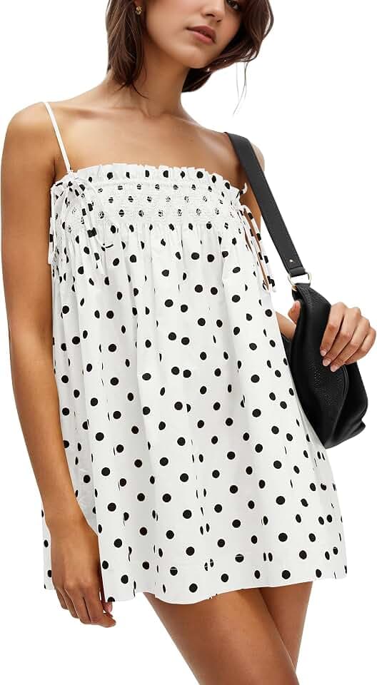 Women Polka Dot Sleeveless Square Neck Backless Spaghetti Strap Smocked Flowy Ruched Sexy Mini Cami Dress