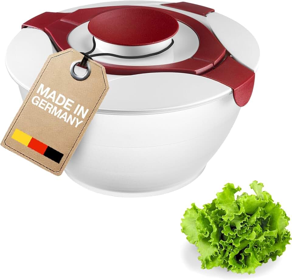 Westmark Salatbutler/-schüssel mit Tragegriffen und Dressing-Behälter, Fassungsvermögen: 6,5 Liter, Kunststoff, Praktika, Transparent/Weiß/Rot, 2422227R