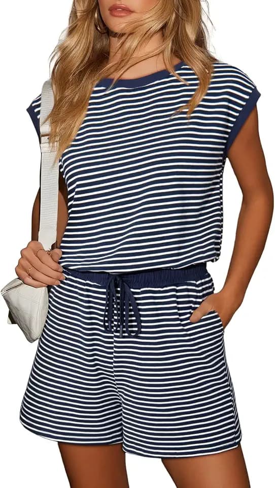 Dokotoo Women's Summer Casual Rompers Striped Shorts Overalls Adjustable Drawstring Waist Jumpsuits One Piece Outfits