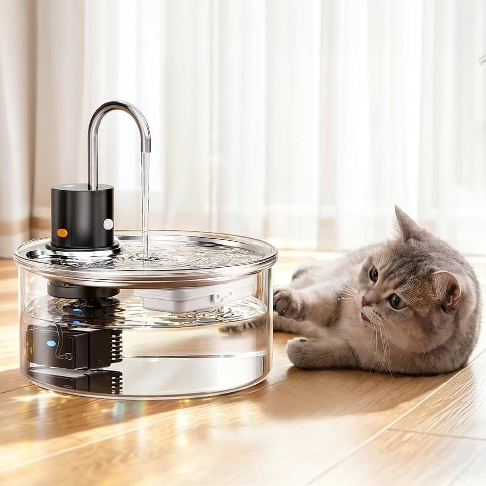 Wireless Glass Cat Water Fountain, 108oz/3.2L Cordless Rechargeable Pet Water Dispenser with 3 Modes, Motion Sensor, Ultra-Quiet for Cats and Small Dogs