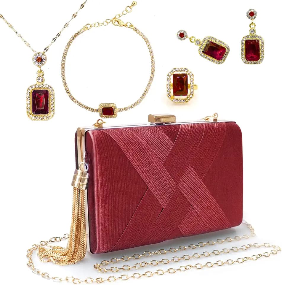 5 Pcs Clutch Purses for Women Jewelry Set Handbag with Necklace Earrings Ring Bracelet Vintage Banquet Handbag with Detachable Chain for Wedding Party Gift Supplies