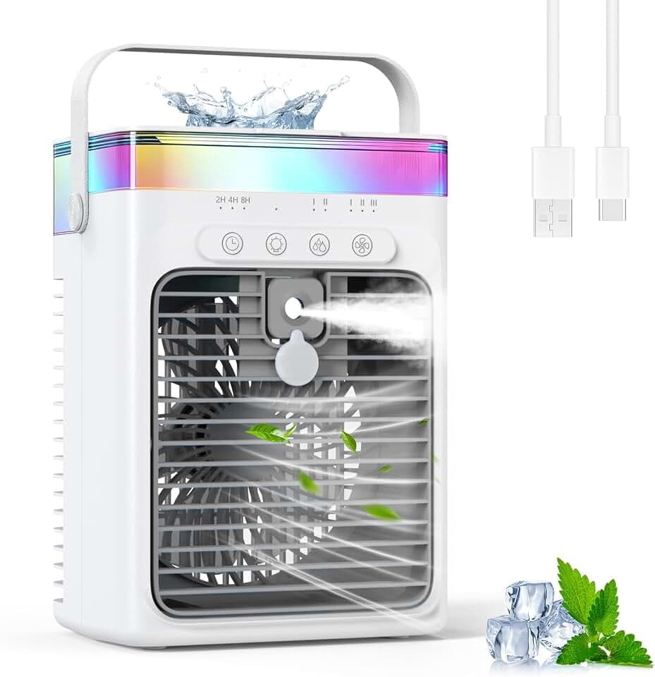 Tragbares Klimagerät, 3-in-1 Verdunstungskühler mit 3 Geschwindigkeiten & 2 Nebelmodi, 1000ml Mini Klimaanlage, USB Ventilator mit RGB Licht & Timer für Schlafzimmer Büro Schreibtisch Auto Camping