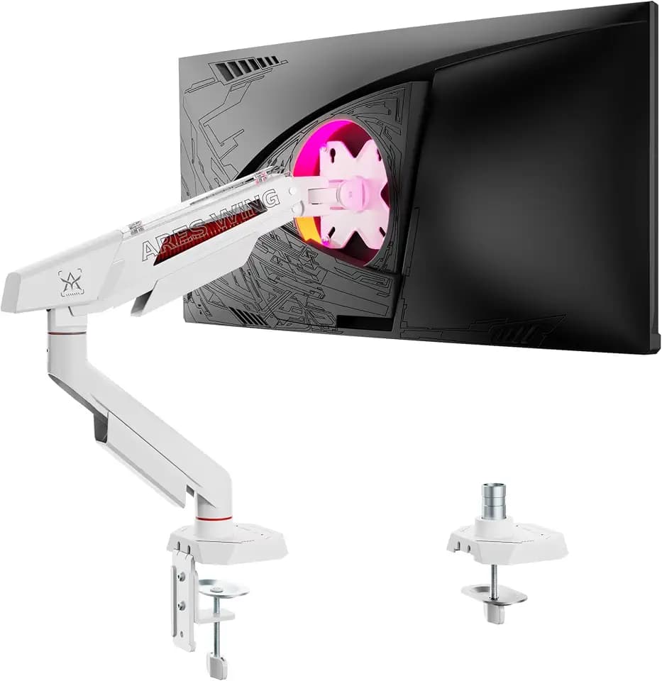 ARES WING Single Monitor Arm for 17-40 Inch Flat Curved Screens, White
