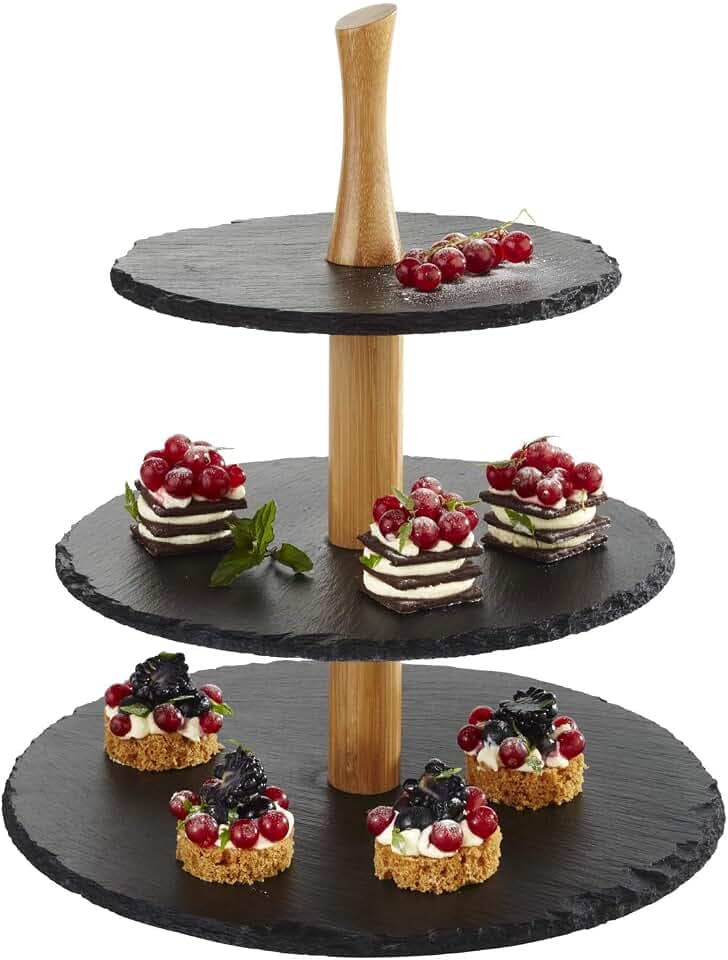 APS 3-stufige Etagere, Schieferplatten, Ø 30 cm, Ø 25 cm, Ø 20 cm, H:34 cm, Akazienholz