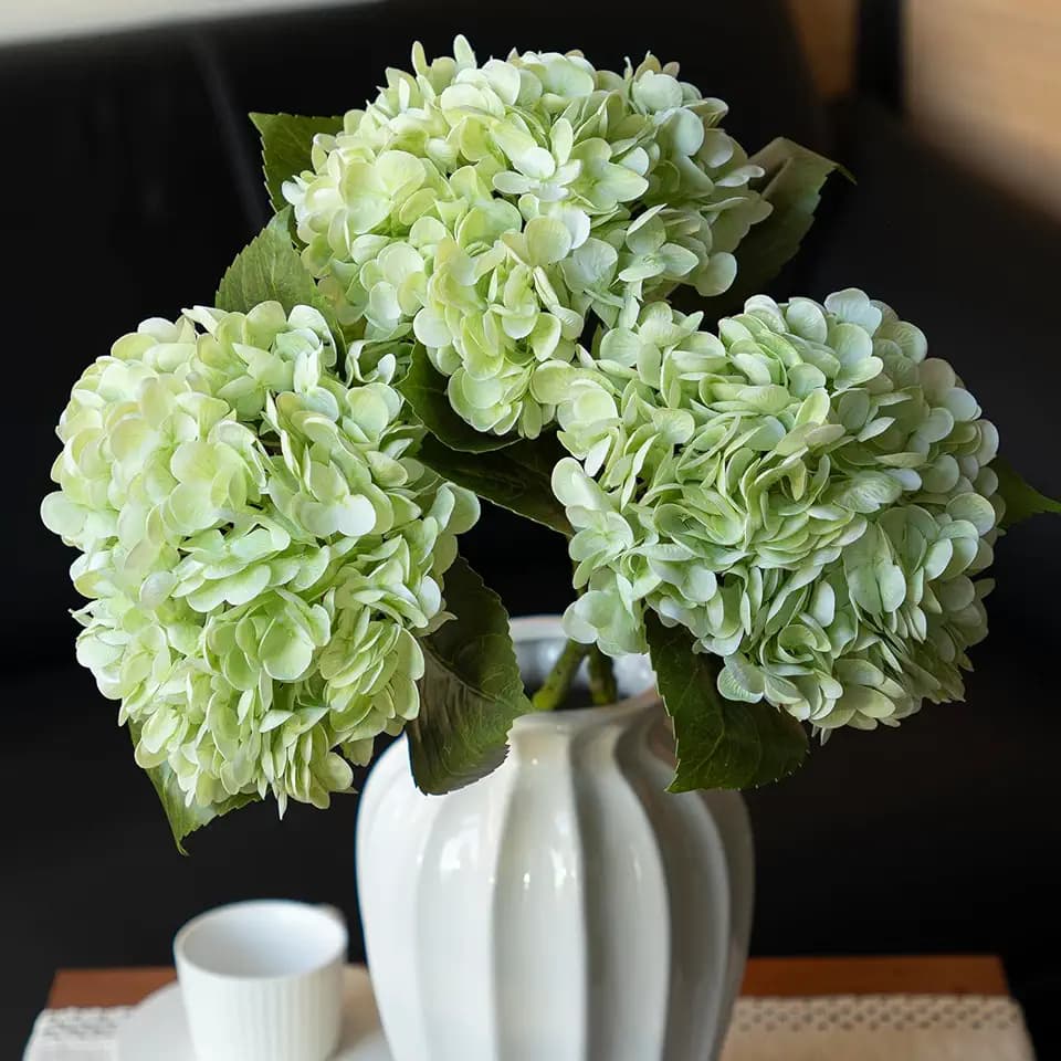 DUYONE 22in Soft Real Touch Hydrangea Artificial Flowers, Large Long Stem Latex Faux Flowers for Wedding Bouquet, Party, Home，Outdoor Garden Office Table Centerpieces,Front Porch, Light Green 3 Pcs