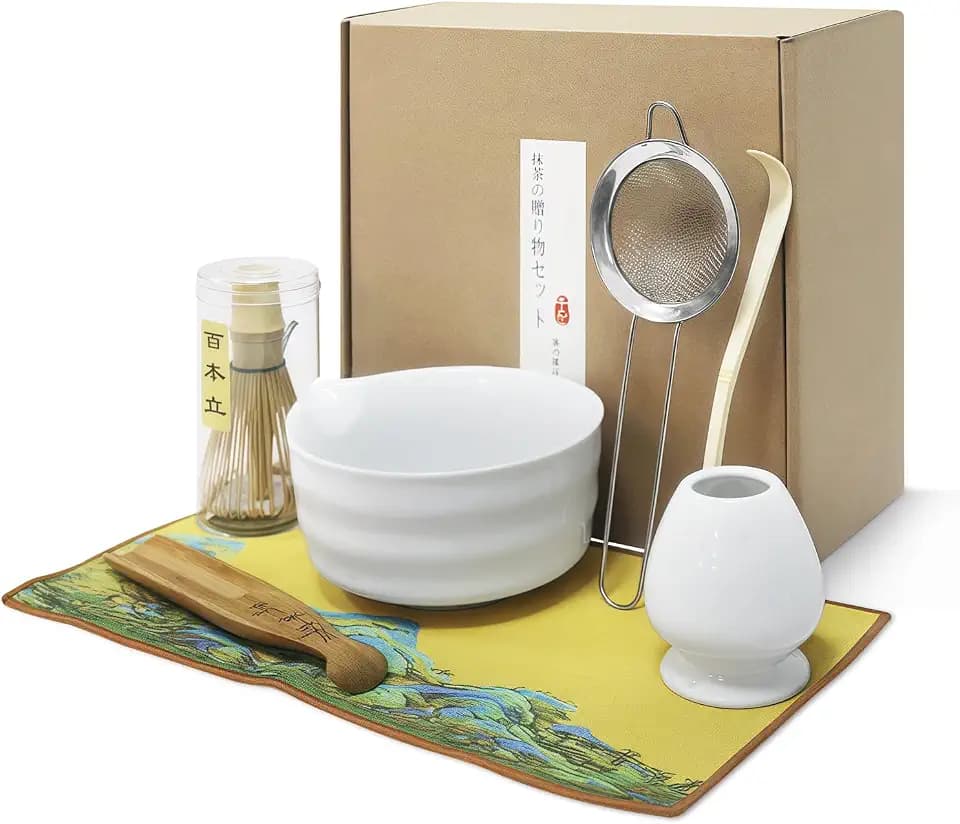 Matcha Set, Matcha Tee Set – Matcha Besen Set mit Schneebesen, Besenhalter, Keramik Matcha-Schale, 2 Teelöffel – Japanisches Zubehör für die Matcha-Zeremonie, Perfekt für die Zubereitung