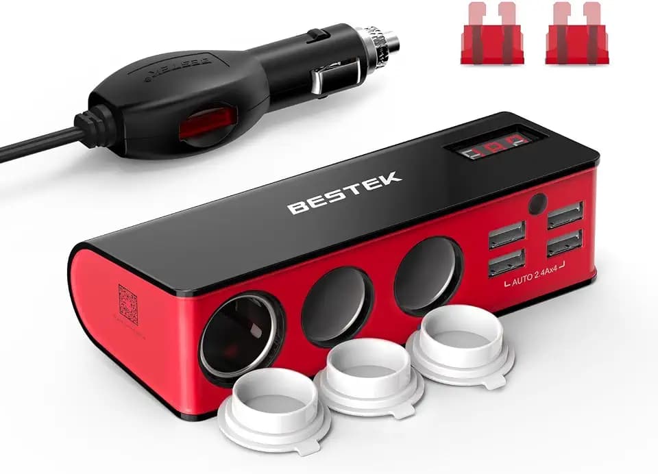 BESTEK 3 Fach Zigarettenanzünder 200W Verteiler LED-Anzeige mit 4 USB Anschlüsse Adapter 12/24V DC Auto Ladegerät für Smartphone, Tablet and GPS usw, mit 2 Sicherung, Rot