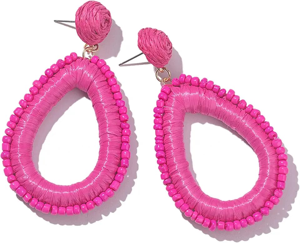Beaded Raffia Teardrop Earrings Statement Dangle Fun Boho Colorful Jewelry
