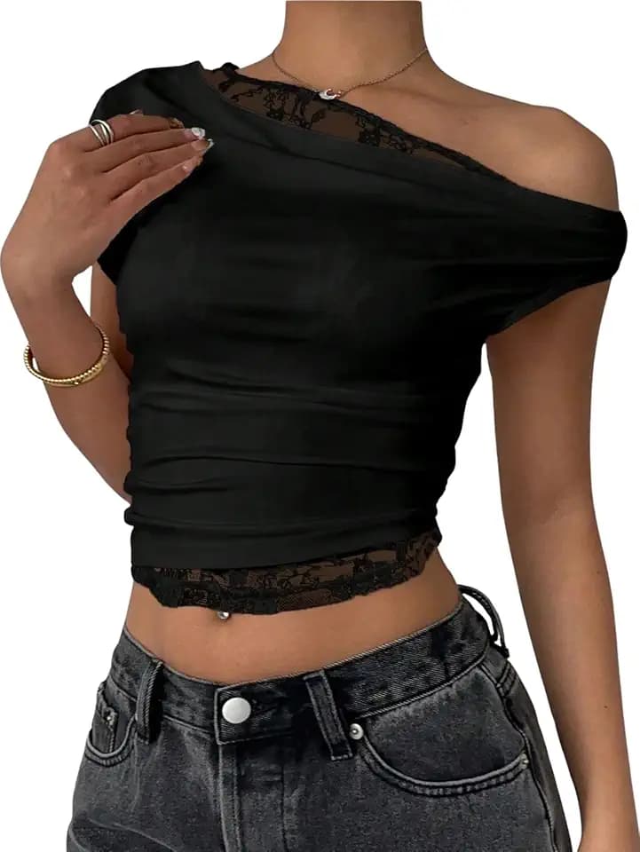 Verdusa Women's Lace Off The Shoulder Tops Going Out Ruched Y2K Crop Top
