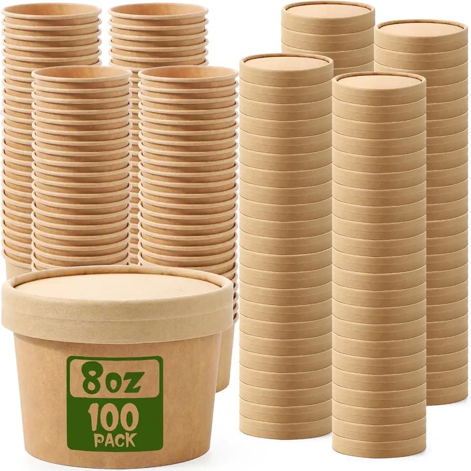 Fulmoon 8 oz 100 Pack Paper Containers with Lids Soup Bowl Cup, Brown