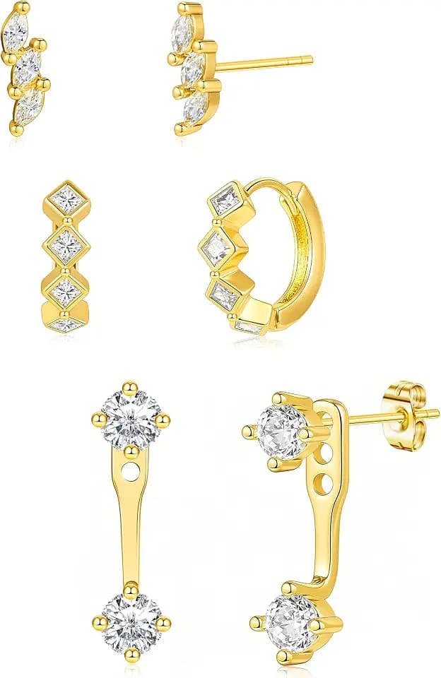 Small Gold Earring Set for Women, 3 Pairs Dainty 14K Plated Hoops, Includes Studs, Huggies and Dangle Styles, Hypoallergenic Lightweight Stackable Earrings for Multiple Piercings and Cartilage