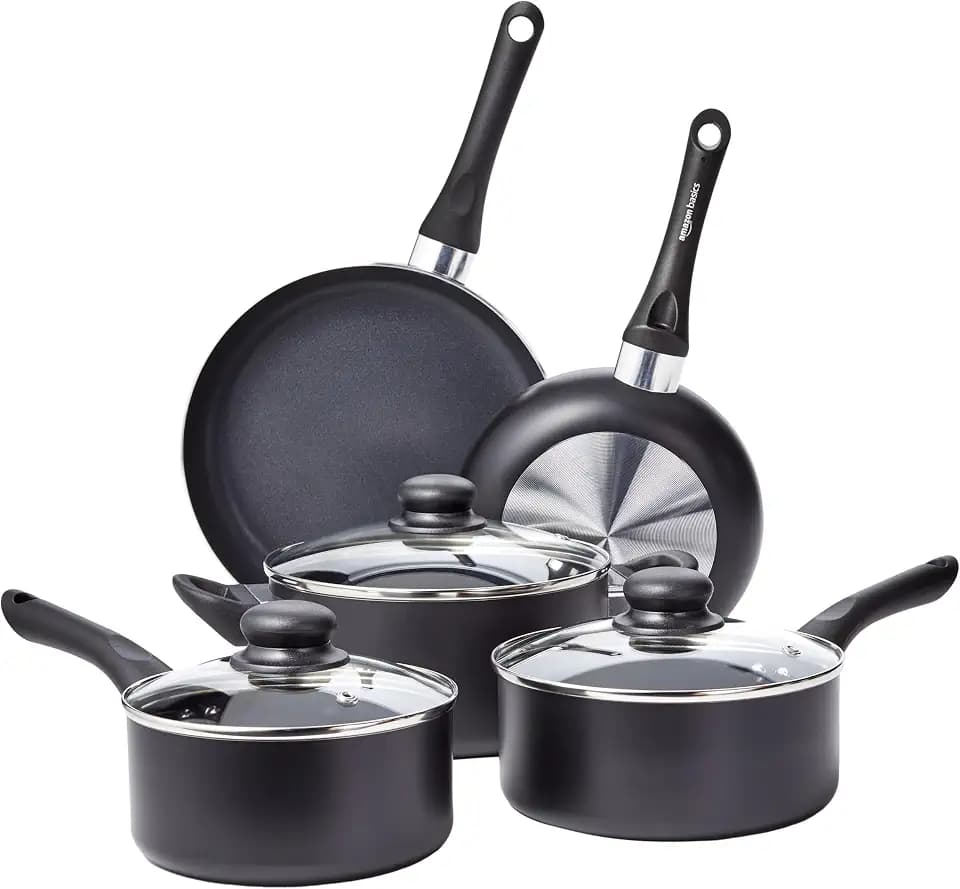 Amazon Basics 8-teiliges Keramik-Antihaft-Kochgeschirr-Set, Töpfe und Pfannen mit Deckeln, Spiralboden, Weiche Griffe, für Gas-, Elektro- und Glasherde, Schwarz