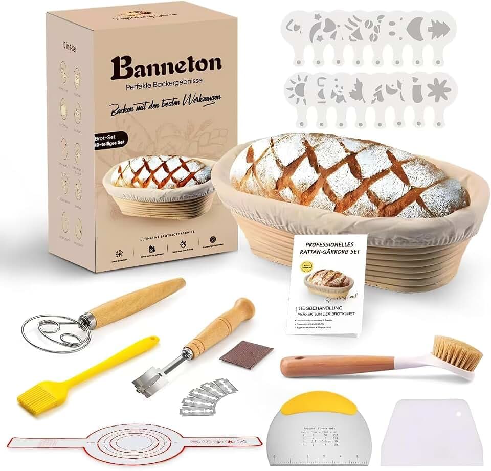 10-tlg Gärkörbchen Set oval 25cm Rattan Sauerteig Anfänger Geschenk