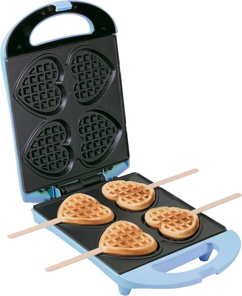 Bestron Waffeleisen für Herzwaffeln am Stiel, Waffelmaker mit Antihaftbeschichtung für Herzform-Waffeln, Herzwaffeleisen ideal für Kindergeburtstage, Ostern & Weihnachten, Farbe: Blau