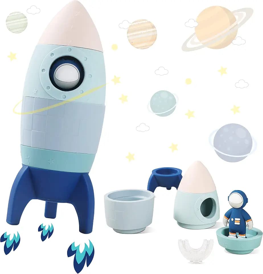 JETM·HH Silicone Rocket Stacking Toy - Space Rocket Toy - Baby Teething Toys -Early Learning Stacking Tower Educational Learning Stacking Toys Nesting Toy for Early Educational for Infants (Blue)