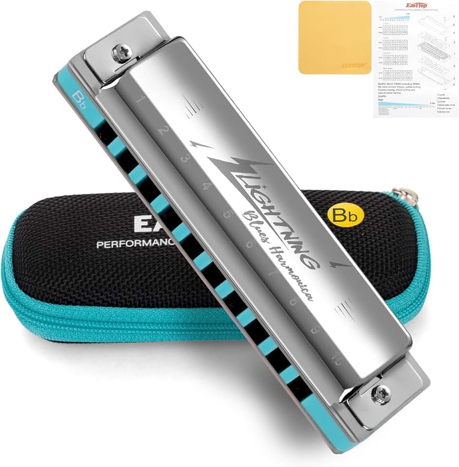 East top Lightning Harmonica, Advanced Diatonic Harmonica Key of Bb, 10 Holes Mouth Organ Harmonica with Silver Cover, Blues Harmonicas For Adults, Professionals and Students