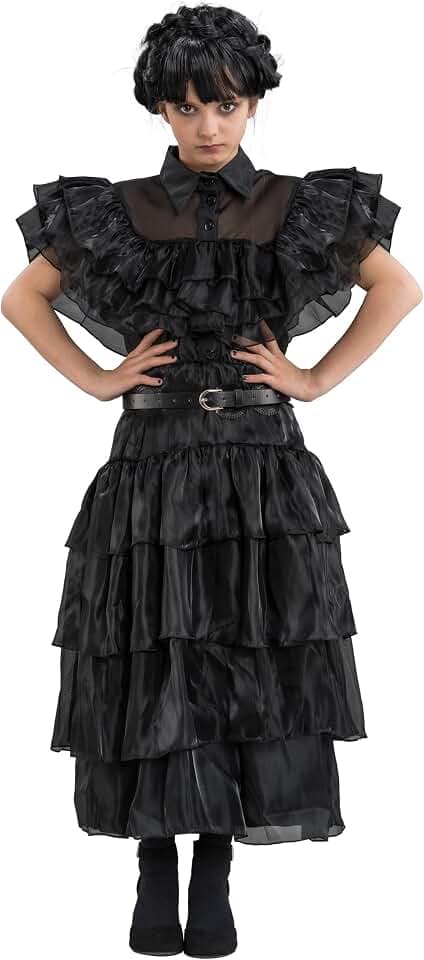 Chaks - Wednesday Ballkleid mit Rüschen für Mädchen | Offizielles Wednesday Kostüm, 2-teiliges Outfit mit Kleid und Gürtel für Halloween, Karneval und Cosplay