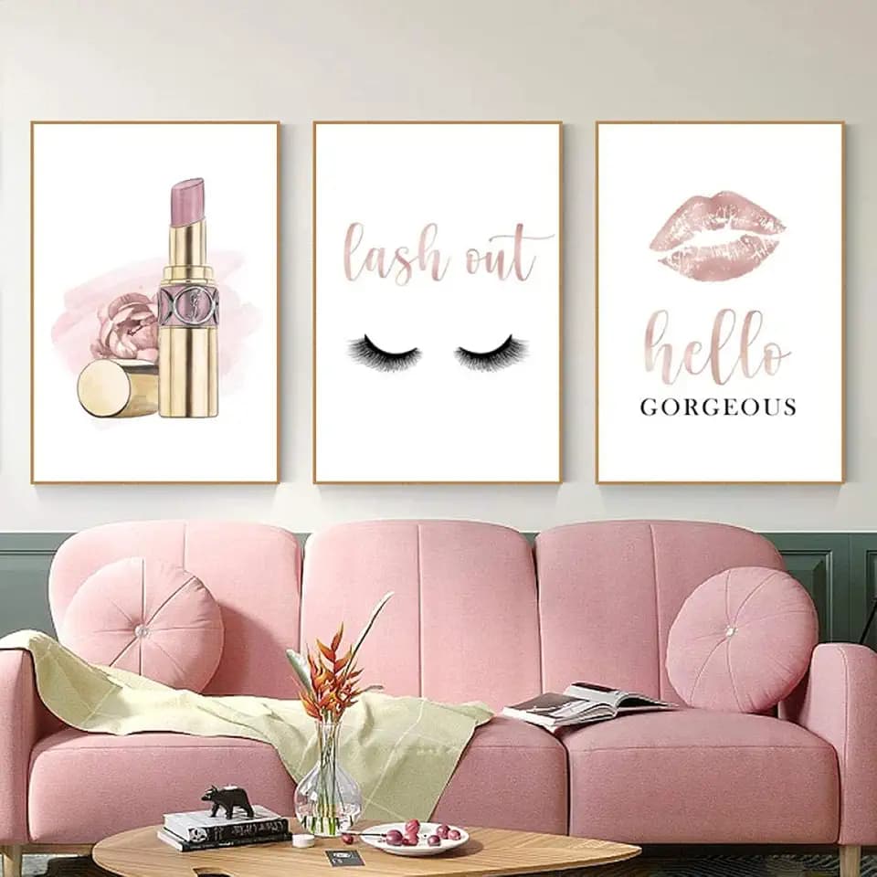 Tanmart Makeup Wall Art Canvas Fashion Art Eyelash Pictures Wall Decor Lipstick Lips Lash Painting Decor Beauty Salon Wall Art Rose Gold Fashion Poster for Woman 16x24 Inch Unframed