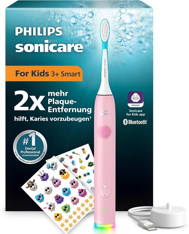 Philips Sonicare for Kids Smart elektrische Zahnbürste - Schallzahnbürste mit App, für Kinder 3+, 2 sanfte Putzprogramme, 2-Minuten-Timer, 2 Bürstenköpfe (Standard + Mini), Pink, Modell HX6600/11