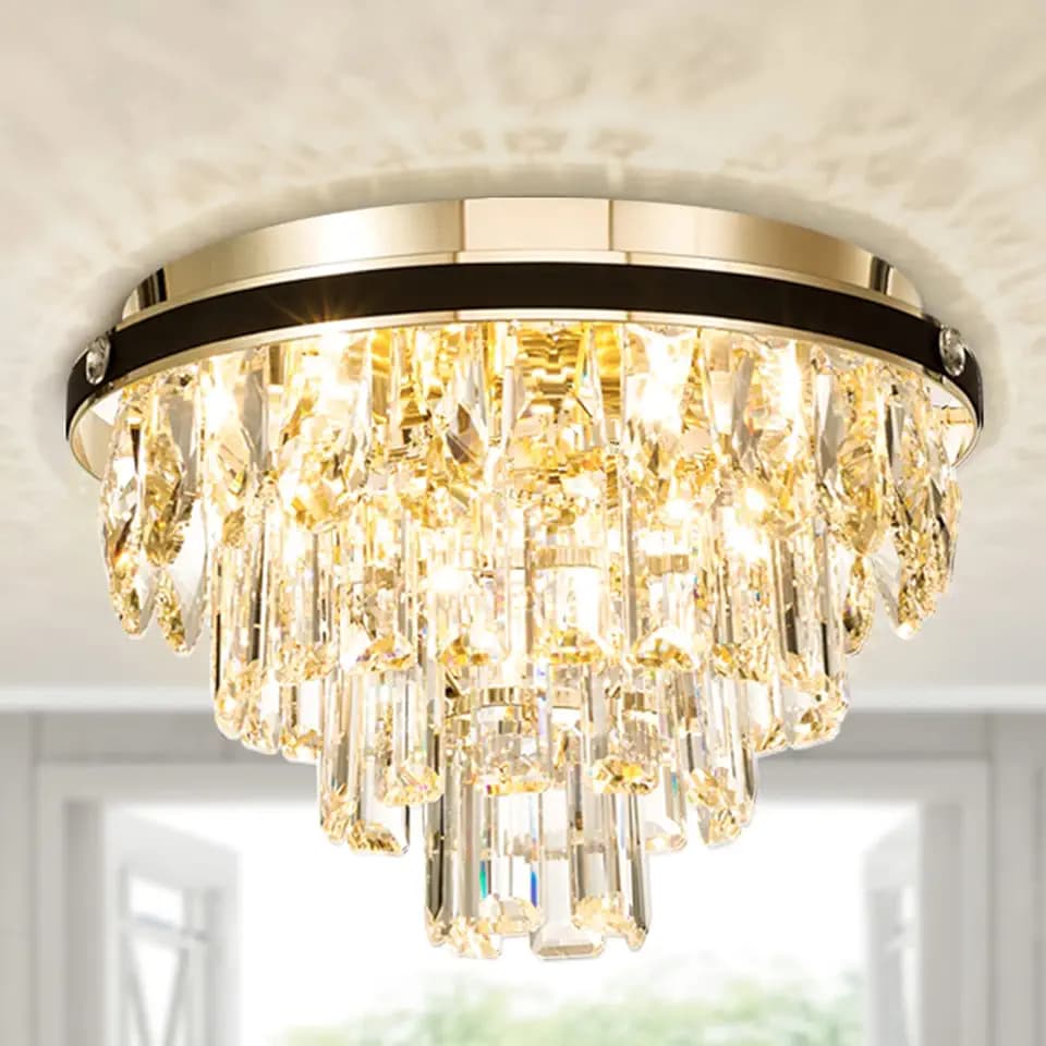 4-Light Flush Mount Crystal Chandelier,Light Fixtures Ceiling,Ceiling Light Without Pressure Layer Height,Easy to Install,for Bedroom,Dining Room,Kitchen,H 9" W 13.78", E12 Base, Gold