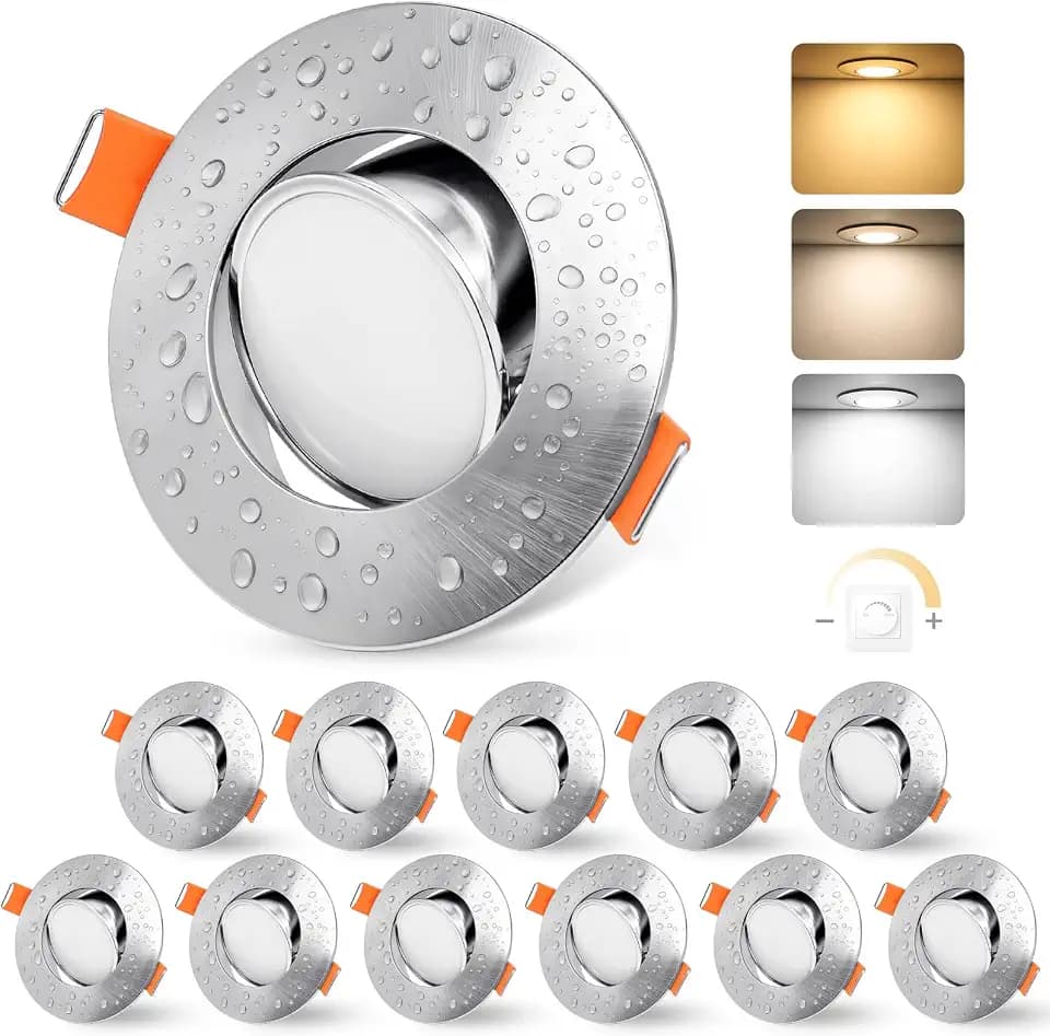 YindaLux 12x LED Einbaustrahler 230V Dimmbar 5W IP44 Nickel Loch 68-80 mm