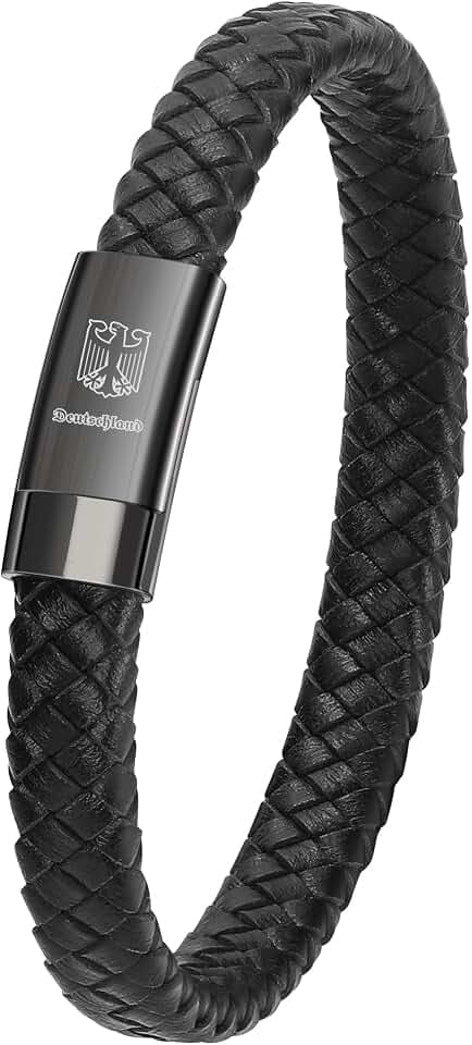 LEAFIA Lederarmband Herren Deutschland Adler Armband aus Echtem Leder mit Edelstahl Verschluss – Zeitloses Männer Armband für Stolz und Tradition, 21cm Schwarz