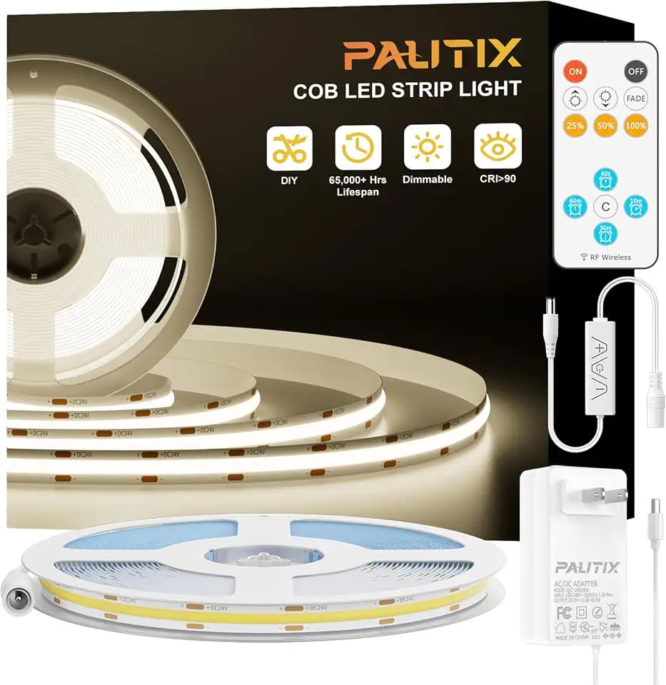 PAUTIX COB LED Strip Lights,UL Listed Dotless LED Lights with RF Remote,16.4ft Natural White 4000K Super Bright Dimmable Flexible Diffused LED Tape Light,Kitchen Cabinet,Office,Stairs,Shelf Lighting