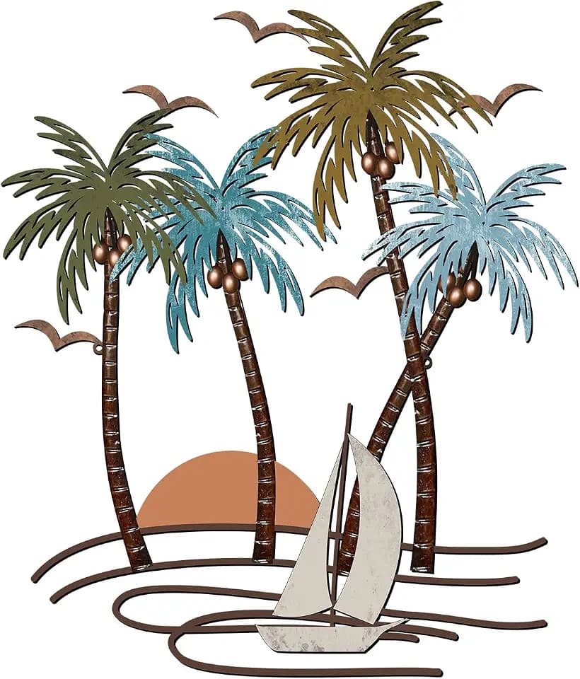 Shimeyao Palm Trees Metal Wall Art Outdoor Tropical Decor,Sailboat