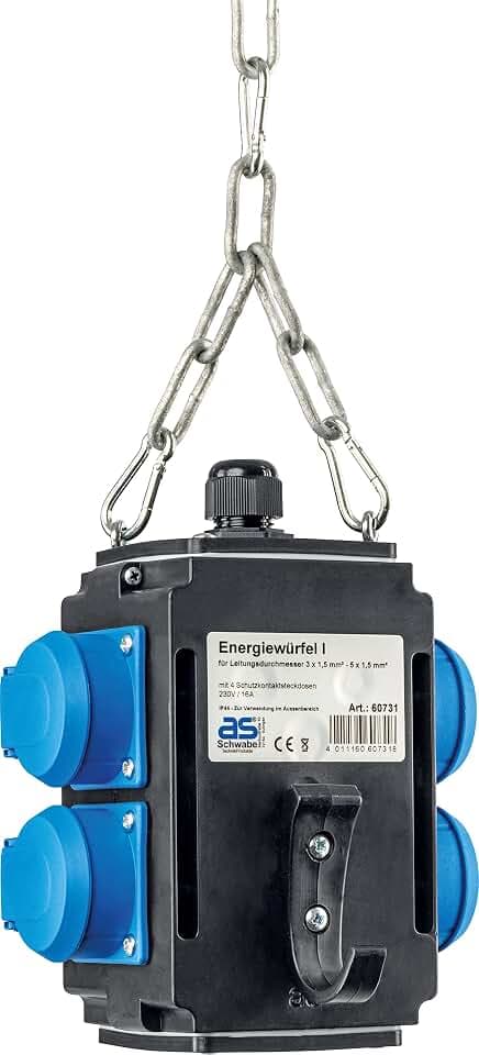 as - Schwabe MIXO Energiewürfel - Hängeverteiler - Stromverteiler - 4 Schutzkontaktsteckdosen 230 V, 16 A - Anschlussfertig verdrahtet - Kette und Karabiner - IP44 - Made in Germany - Schwarz, 60731
