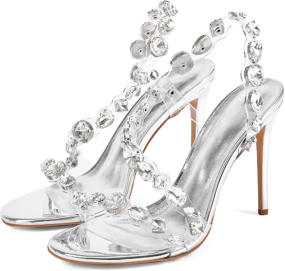Women’s Clear Rhinestone High Heel Sandals Open Toe Stiletto Heel Transparent Crystal Strap Dress Heels for Wedding Party Prom Evening