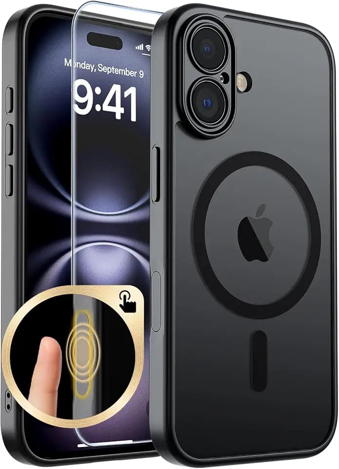 SUPFINE Magnetic for iPhone 16 Plus Case with Camera Control Button,[Full Camera Protection][1+Tempered Glass Screen Protector] Slim Translucent Matte Shockproof Phone Cover,Black