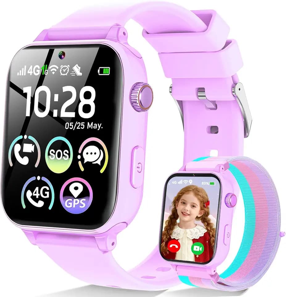 4G Kids Smart Watch for Boys Girls with GPS Tracker, SOS, Two Way Call Video Calling Voice Chat,School Mode, Alarm Clock,Safe Zones,Pedometer,Stopwatch,Games Children Smartwatch for 4-12 (4G Purple)