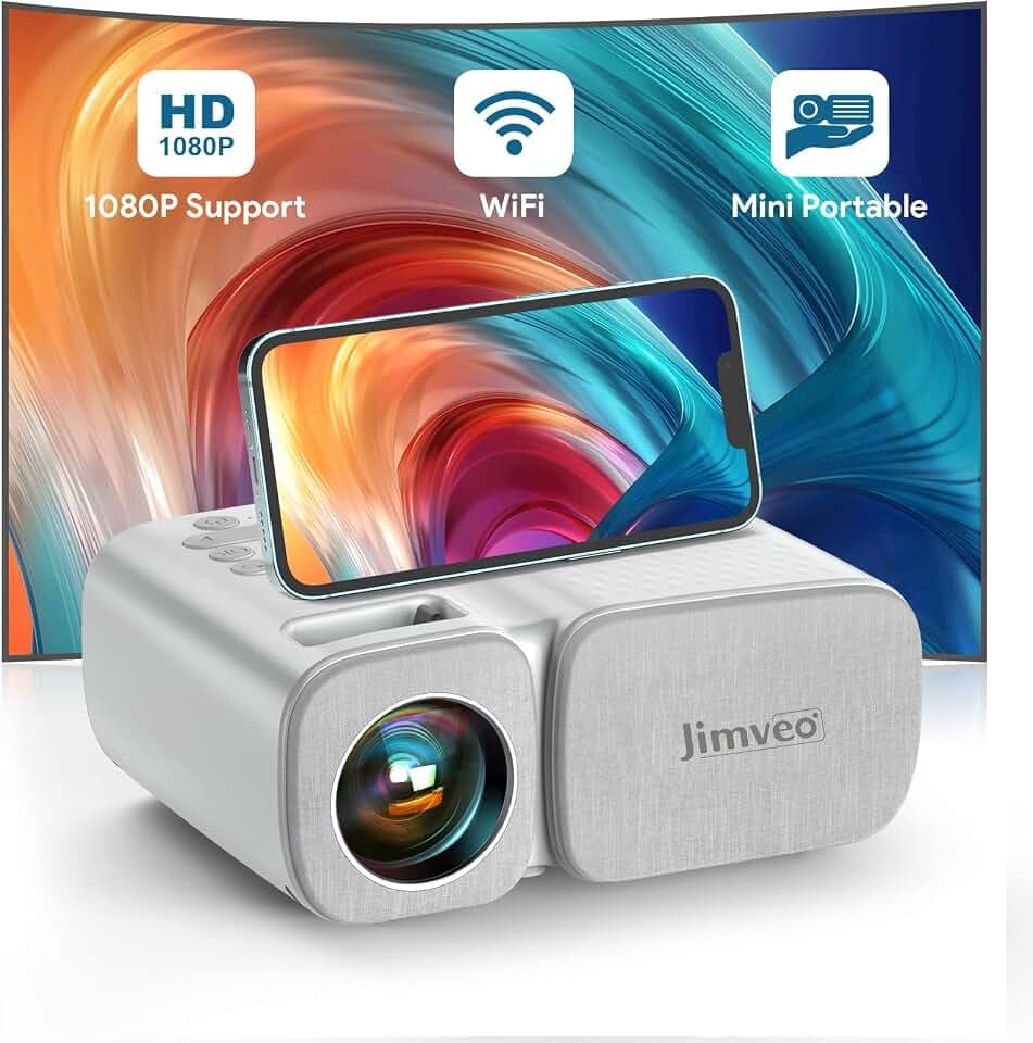 Jimveo WiFi Mini Beamer 15000L 1080p Full HD Mini Projektor LCD Heimkino/Outdoor/Kompatibel mit TV Stick/X-Box/DVD/Laptop/Smartphone Kleiner Beamer