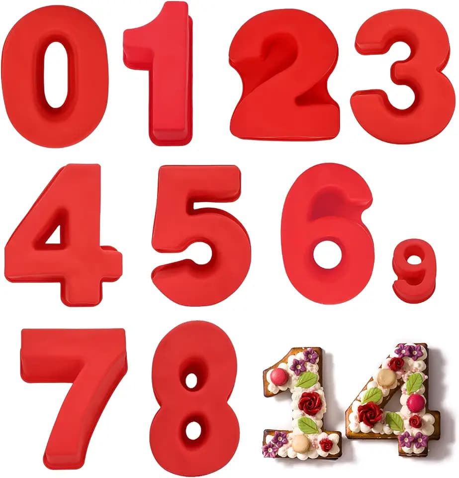 Kuchenform Zahlen, 9 Stück 10 Zoll Number Cake Backform, Großes Silikon Zahlenbackform Zahlen kuchenform Zahlen Backform Zahlentorte für Backen(0-8)-Rot