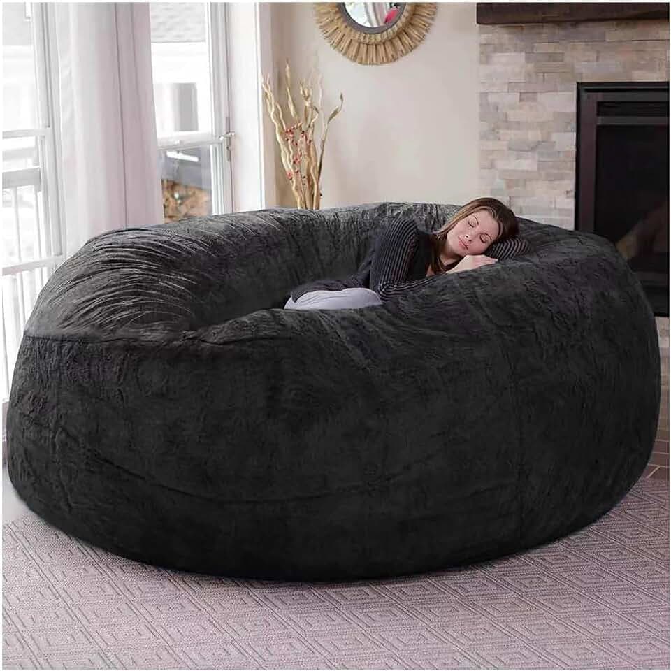 Riesiger Pelz-Sitzsack für Wohnzimmermöbel für Erwachsene, großer runder, weicher, Flauschiger Kunstpelz-Sitzsack (Keine Polsterung), fauler Schlafsofabezug(Farbe:Schwarz,Größe:7ft)