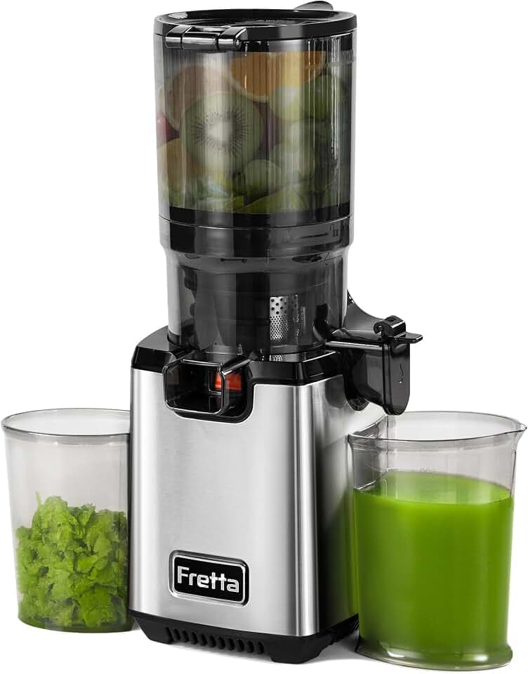 Fretta Entsafter Slow Juicer Edelstahl Entsafter Gemüse und Obst Testsieger | 135MM Öffnung & 1,8L Juicer Machine mit Umkehrfunktion, Einfache Installation, Leicht zu Reinigen, 100% BPA Frei, 250W