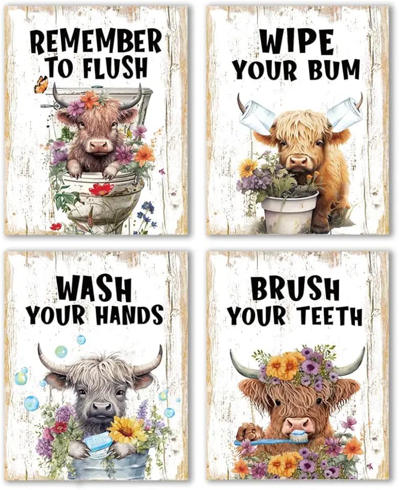 Funny Highland Cow Bathroom Poster, Inspirational Quotes Art Print Humorous Flush Wipe Wash Brush Painting 4 Set (8”X10”) Unframed, Toilet Rules Cow Wall Art for Kids Washroom Bathroom Décor