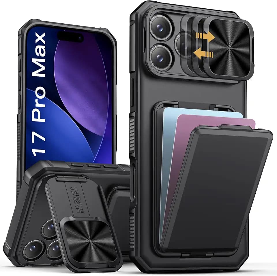 SSLOTSCASE for iPhone 17 Pro Max Case with Card Holder & Kickstand, Black