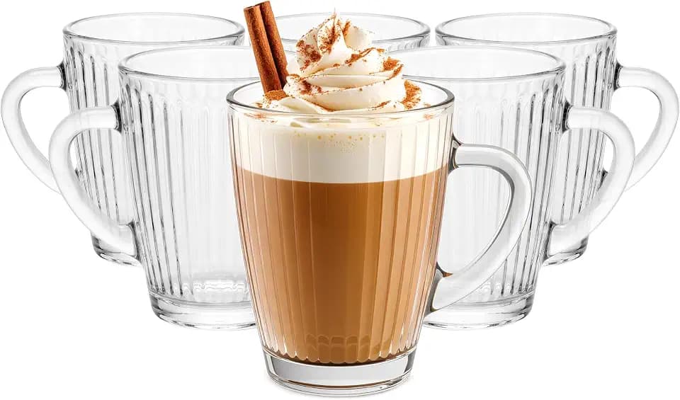 Glasmark KROSNO 1992 Gläser Set 200 ml - 6 Kaffeegläser mit Henkel - geriffelte Trinkgläser für Espresso Lungo, Cappuccino, Tee und Matcha - spülmaschinengeeignet