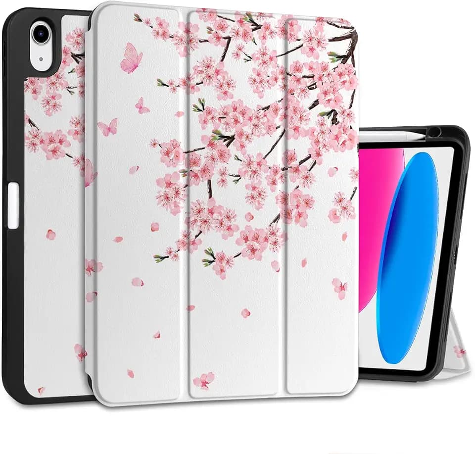 MEEgoodo Case for iPad A16 11th Generation 11 inch 2025/iPad 10th Generation 10.9 inch 2022, Tablet Cover with Trifold Stand + Pencil Holder + Auto Wake/Sleep + Soft TPU Back Cover, Cherry Blossoms