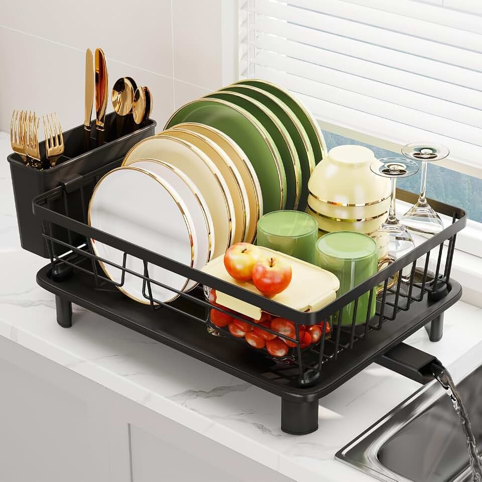 Dish Drainer Rack with Drip Tray, Sink Dish Drainer with Drainage Spout, Stainless Steel Dish Drying Rack with Cups, Utensil & Cutting Board Holders for Kitchen Counter Space-Saving, Black