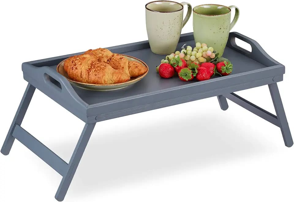 Relaxdays Betttablett Bambus, klappbare Beine, erhöhter Rand, grau