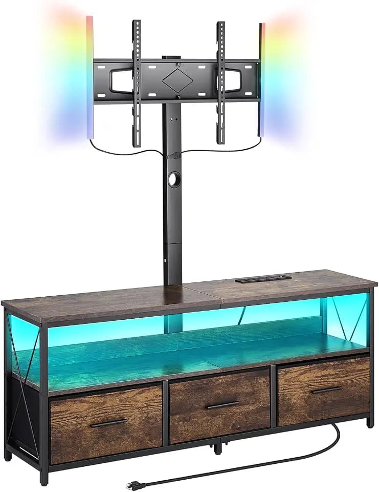 VEVOR 52" TV Stand with Mount for up to 75 in TVs, Entertainment Center with Power Outlet & LED Lights, Height Adjustable TV Console with Mount with 3 Drawers for Bedroom, Living Room, Brown