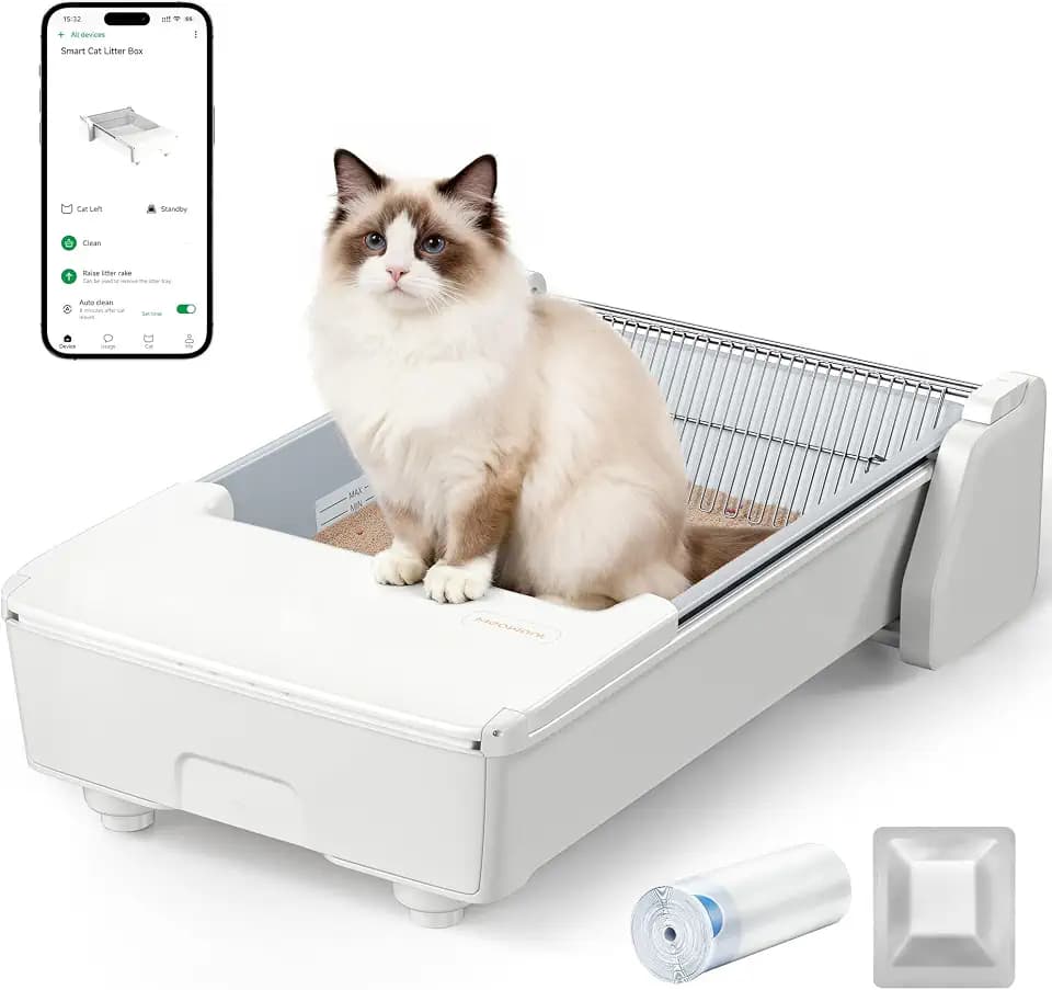 Selbstreinigende Katzentoilette mit App-Steuerung,3-Motor-System | Katzenklo für Mehrere Katzen, Doppelrechen,Anti-Pinch-Sicherheitsfunktion,Geruchskontrolle