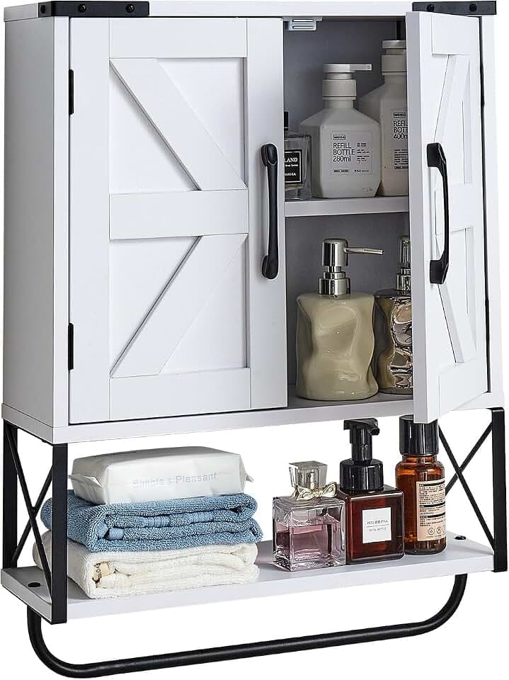 VEVOR Badezimmer Wandschrank Medizinschrank mit 2 Türen & verstellbaren Regalen, Aufbewahrungsschrank Hängeschrank mit offener Trennwand & Handtuchhalter für Küche Toilette Waschküche