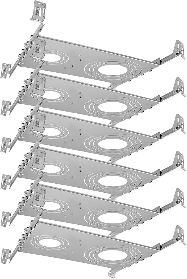 LUXRITE New Construction Mounting Plate, 2-3-4-5-6 Inch, Extendable Hanger Bars, Sliding Plate, Wafer Lights Bracket, 7 Cutout Sizes, Galvanized Steel, Recessed Lighting Shallow Housing (6 Pack)