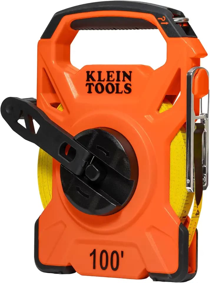 Klein Tools 94100RT 100-Foot Open Reel Tape Measure, PVC-Coated Fiberglass Tape with Carabiner and Hook, 3:1 Planetary Gear System, Metal Stake, Double-Sided Measurements