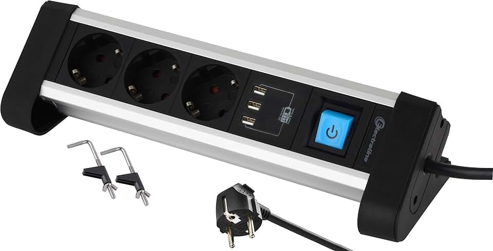 Electraline 62559 Steckdosenleiste 3-Fach Alu für den Schreibtisch + 3 USB 3.4A, Kabel 2m / Mehrfachsteckdose/Tischsteckdose Steckerleiste, Schuko Stecker, Metal, Schwarz, 3 Fach + 3 USB